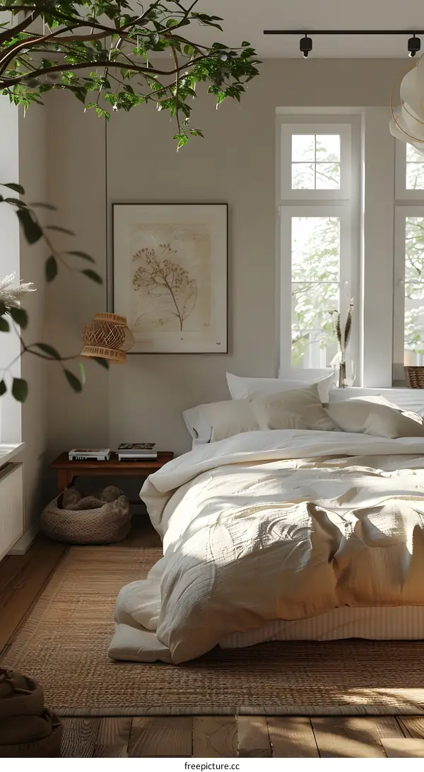 Minimalist Bedroom Decor with Natural Elements and Warm Lighting