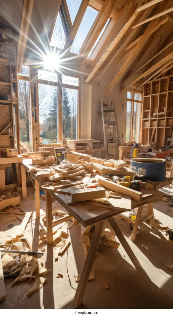 A carpentry workshop with a large window