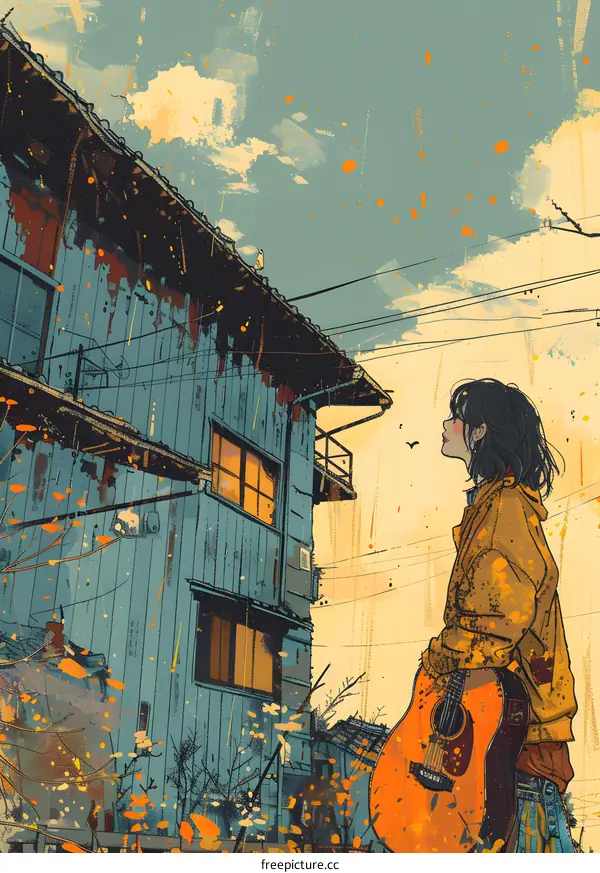 girl playing guitar in front of a blue house