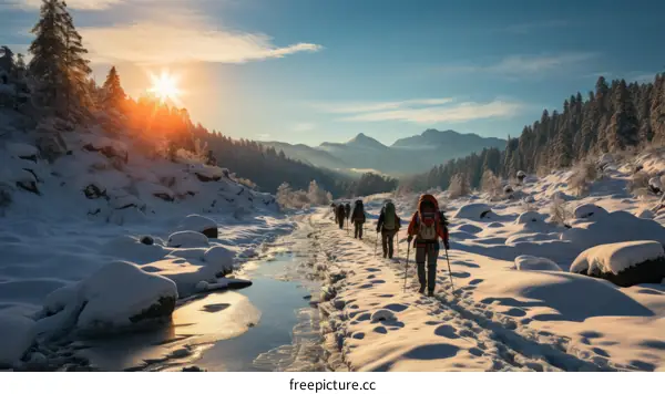 A group of hikers in the snowcapped mountains during the day