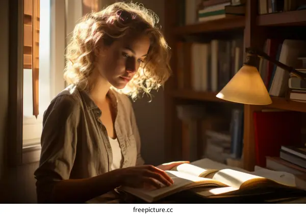 Young woman reading a book in a library