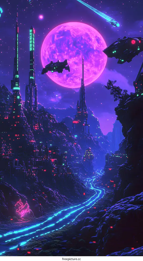 Neon Cityscape with Spaceships Under a Purple Moon