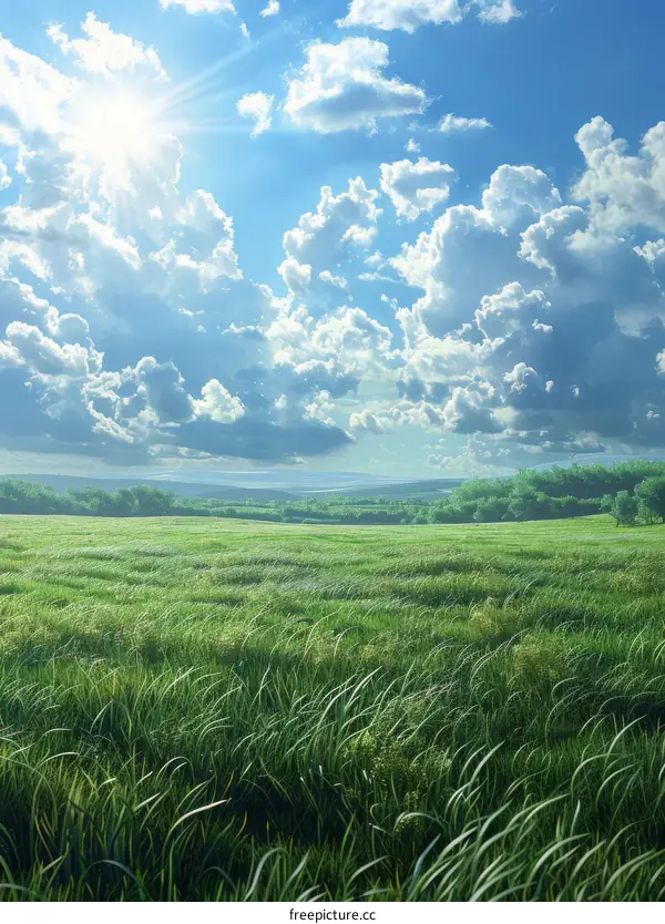 Beautiful Green Field with Clouds and Blue Sky
