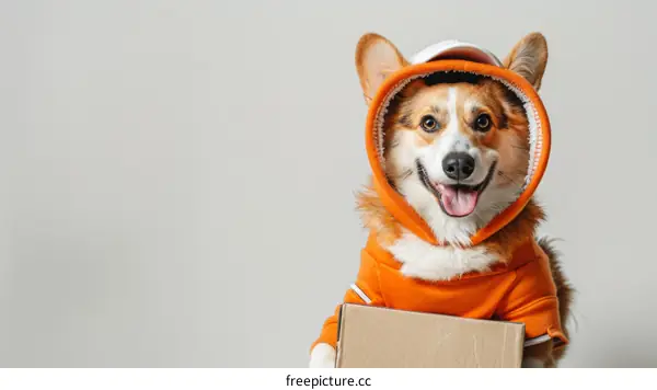 Cute Dog Dressed in Orange Hoodie Holding Cardboard Box