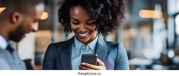 Smiling Businesswoman Looking at Smartphone in Office