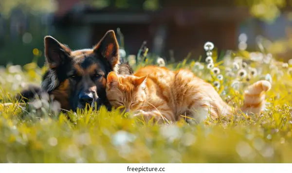 ginger cat sleeping on German Shepherd dog in a grass field