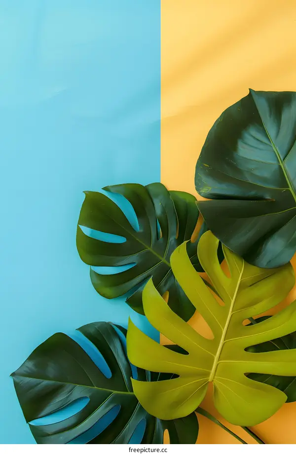 Green Monstera Leaves on Blue and Yellow Background
