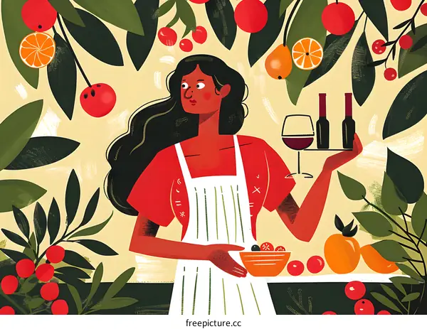 Woman in Red Holding Tray With Wine and Fruit