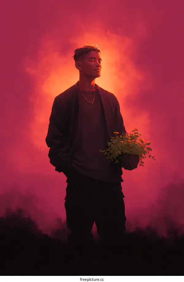 A Silhouette of a Person Holding Plants in a Vivid Sunset