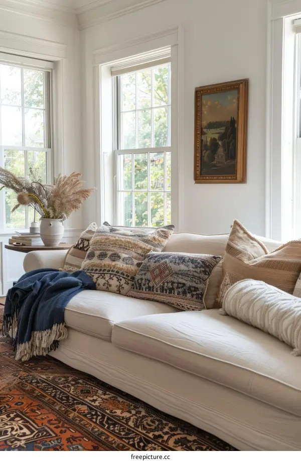 Cozy Living Room with Eclectic Decor and Textures