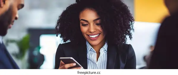 African American Businesswoman Smiling at Her Phone