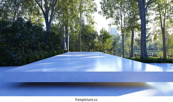 Modern Outdoor Concrete Platform with Lush Landscaping