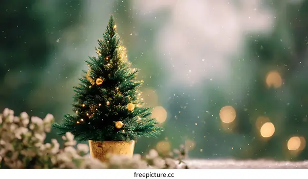 Miniature Christmas Tree in a Pot with Snowfall
