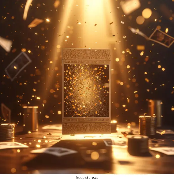 Golden card with glowing particles and falling golden confetti
