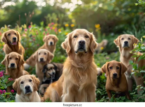 A group of golden retrievers in a field of flowers