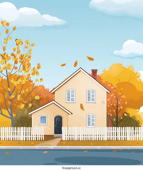 Autumn House with Yellow Trees and White Fence