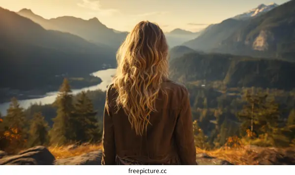 woman standing on a mountaintop overlooking a lake and mountains