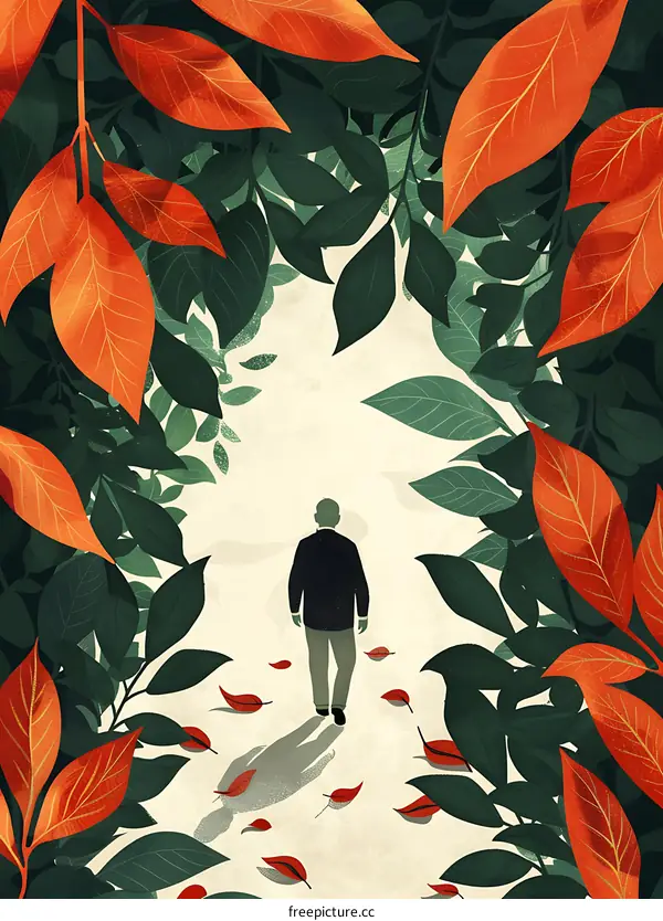 Man Walking Through Leaves in Autumn