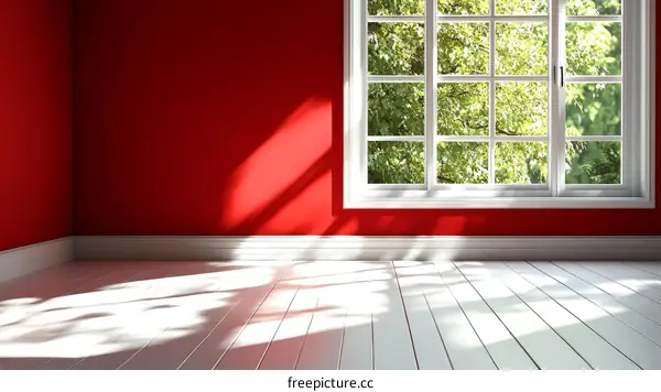 Empty Room with Red Walls and White Wooden Floor