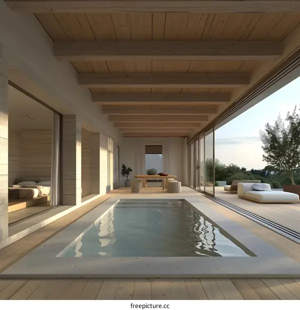 Modern house interior with pool