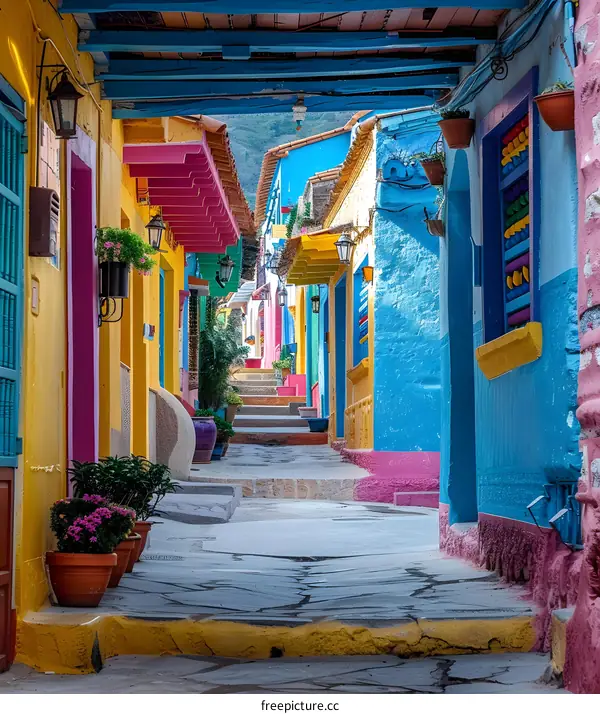Colorful alleyway in Santorini, Greece