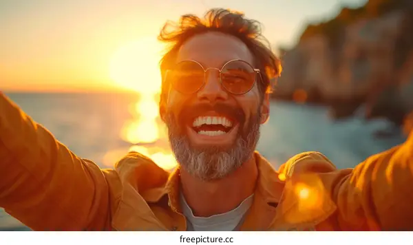 Happy man taking selfie at sunset