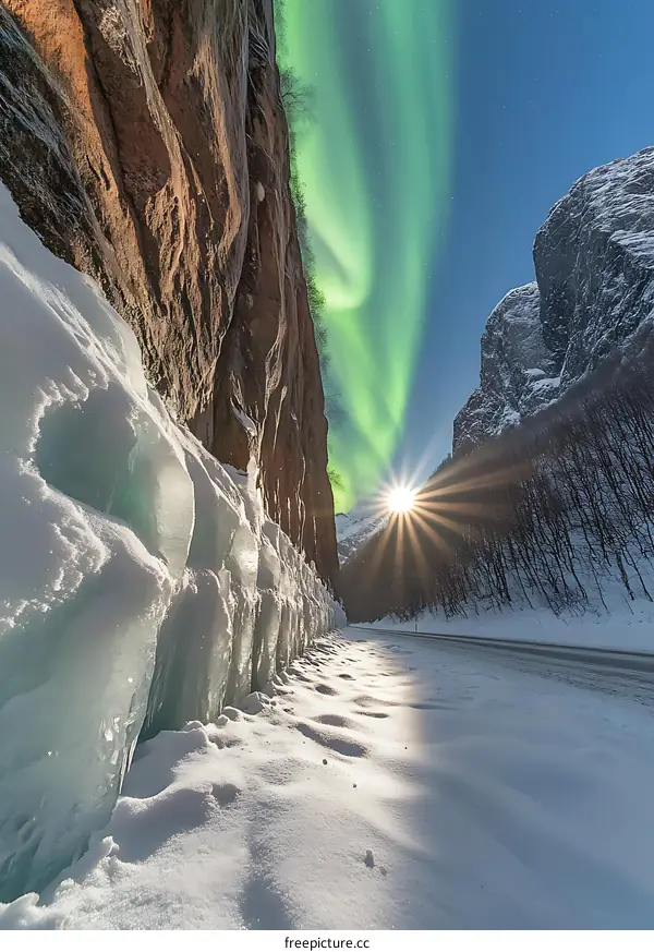 Winter Wonderland with Aurora Borealis and Mountain Landscape