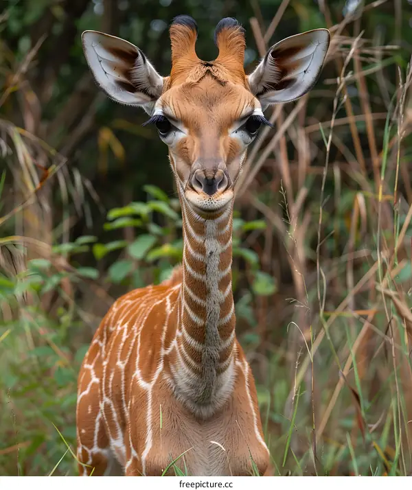 A baby giraffe standing in the middle of a tall grass field