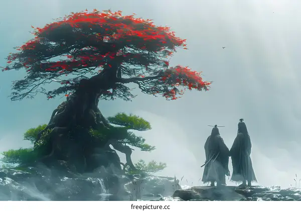 Two Warriors Under a Red Tree