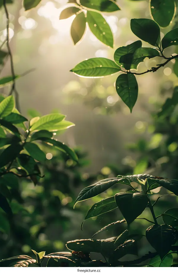 Sunlight Through Green Leaves in Forest