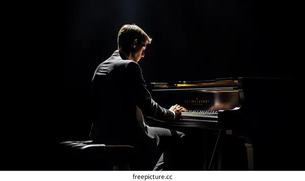 Young male pianist playing a grand piano on a darkened stage