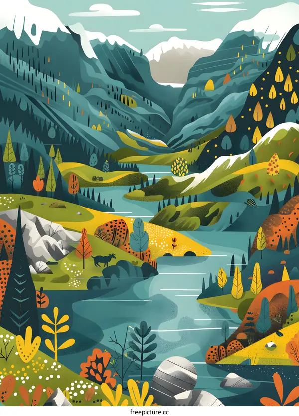 Mountain Landscape Illustration With River and Trees