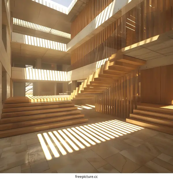 Modern Architecture Interior Design With Wooden Stairs And Sunbeams