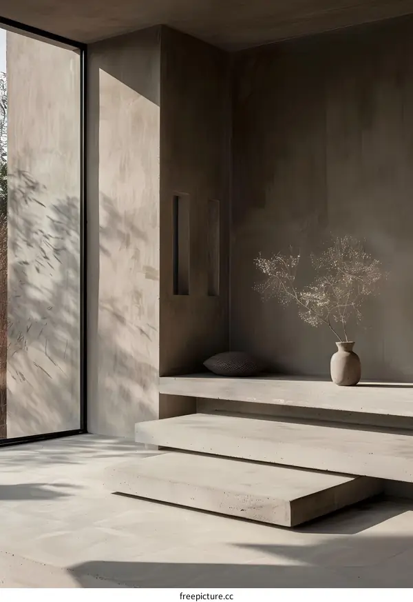 Minimalist Concrete Interior Design with a Single Vase of Dried Flowers
