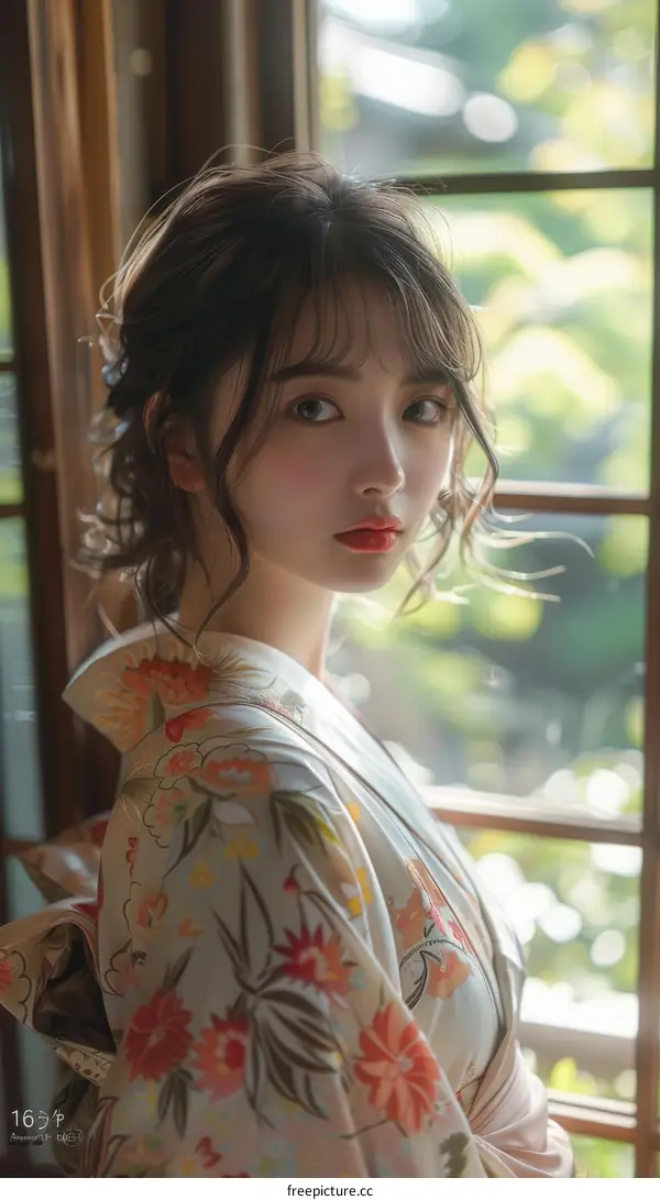 Asian Woman in Traditional Japanese Kimono by Window