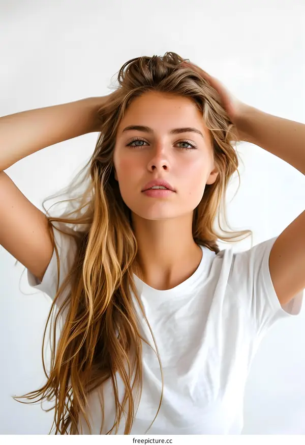 portrait of a young woman with long blond hair wearing a white t-shirt