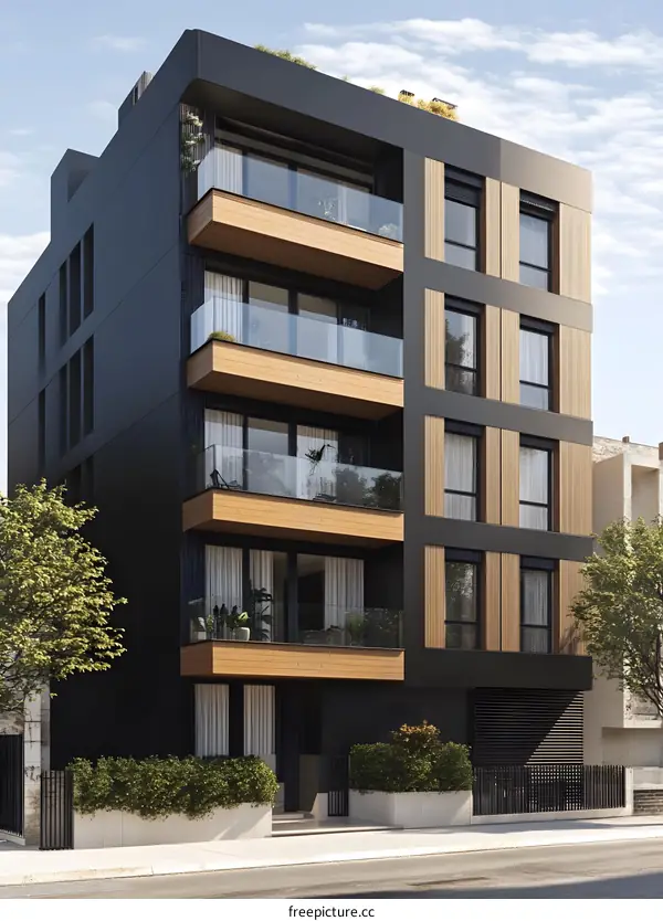 Modern Black and Wood Apartment Building Exterior Design