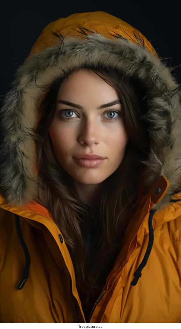 Portrait of a beautiful young woman in a yellow winter coat with fur hood