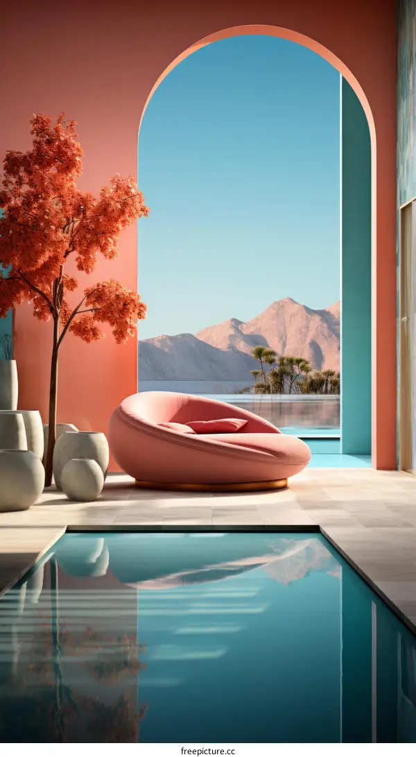 Pink and blue interior design of a house with a pool