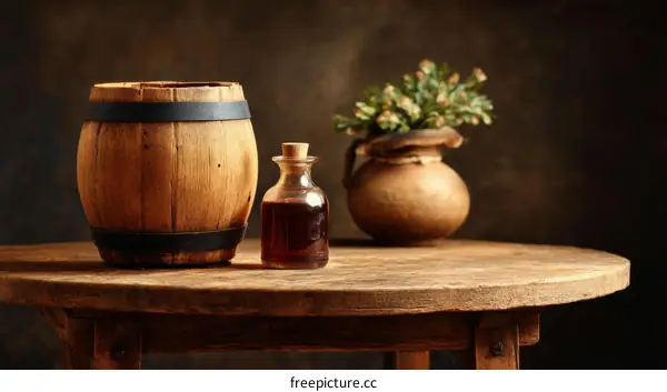 Rustic Wooden Barrel and Vintage Pottery