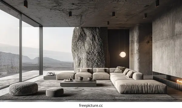 Modern Living Room with Large Windows and Stone Walls