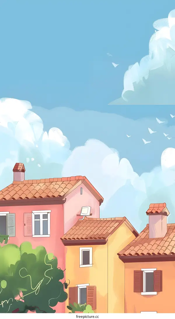 Illustrated Houses with Blue Sky and Clouds