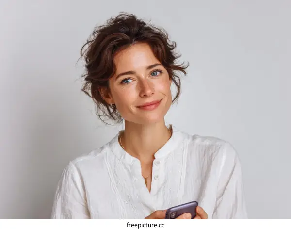 Smiling Woman Holding Smartphone Portrait