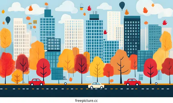 Autumn Cityscape with Colorful Trees and Cars
