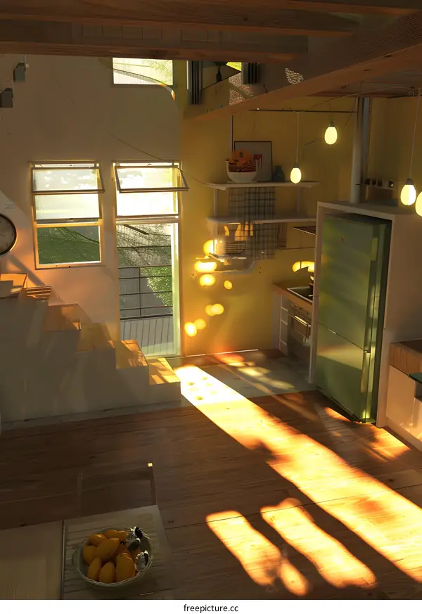Modern Kitchen Interior with Wooden Floor and Sunlight