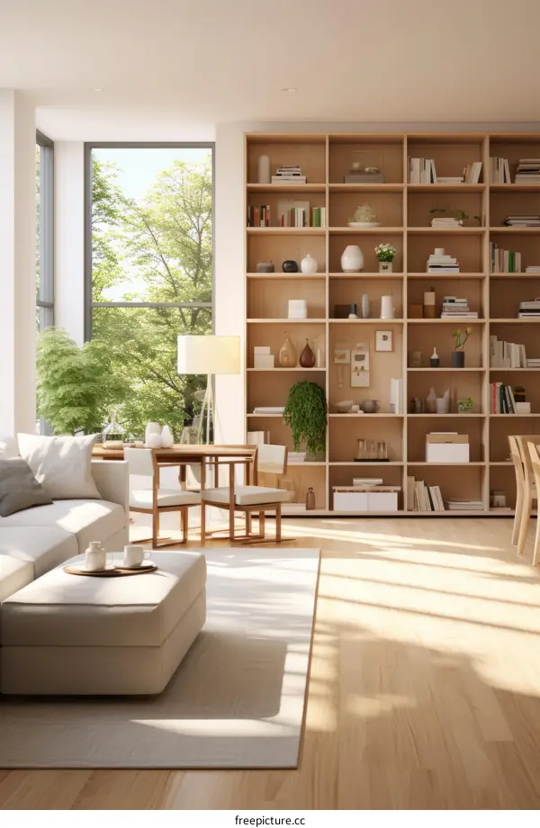 Bright and Airy Living Room With Large Windows and a Wood Bookshelf