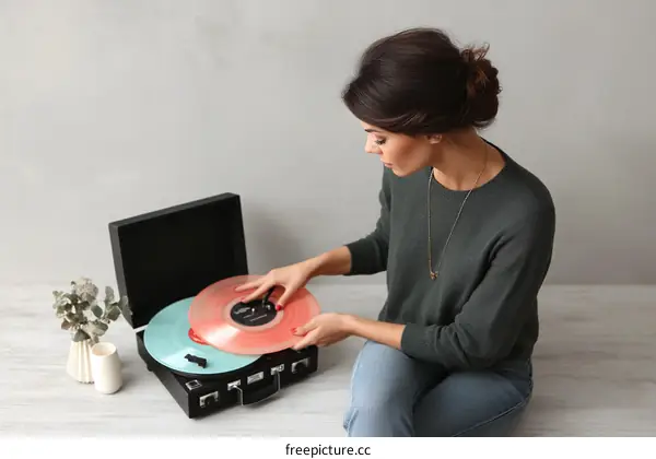 Woman Listening to Music with Vintage Record Player