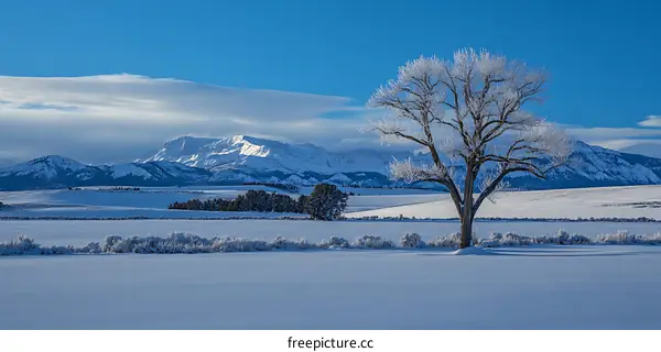 Snowy Landscape with Lone Tree and Mountain Range in the Background