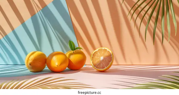 Summer Fruits with Palm Leaf Shadows on a Colorful Background