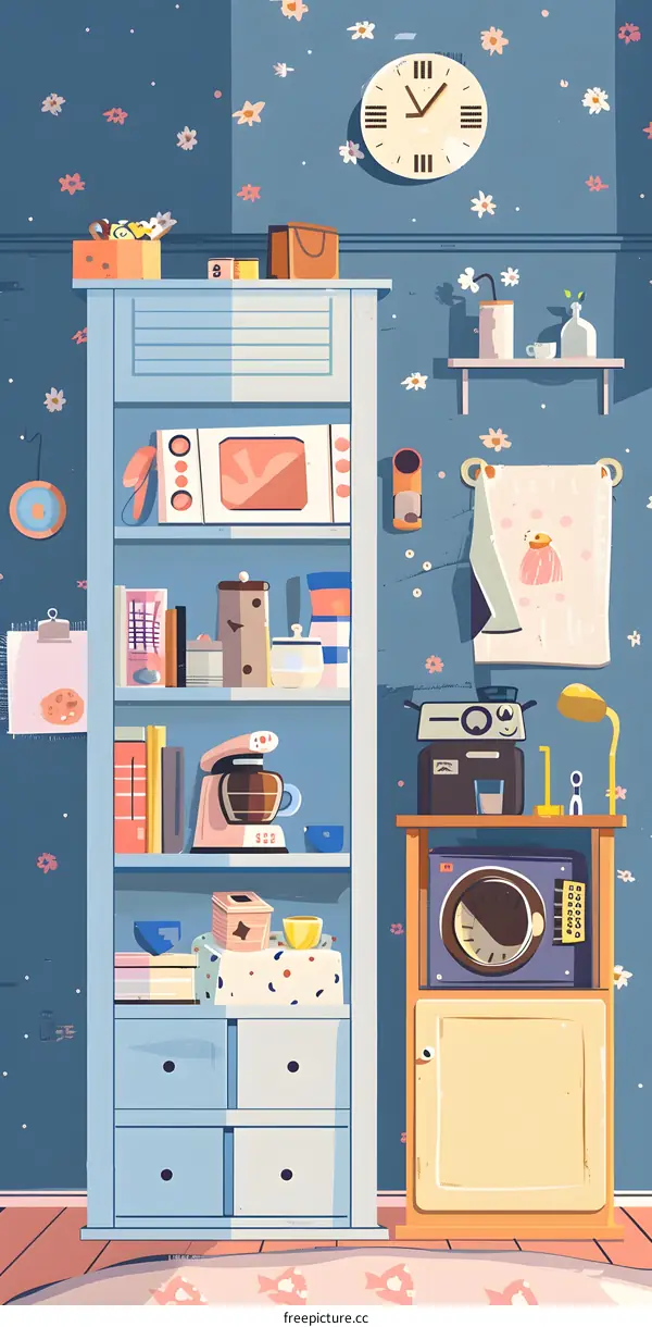 Kitchen Illustration With Blue Wall And Floral Pattern